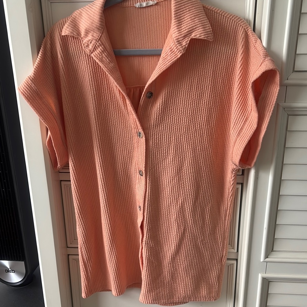 Pink Short Sleeve Ribbed Button Down Shirt